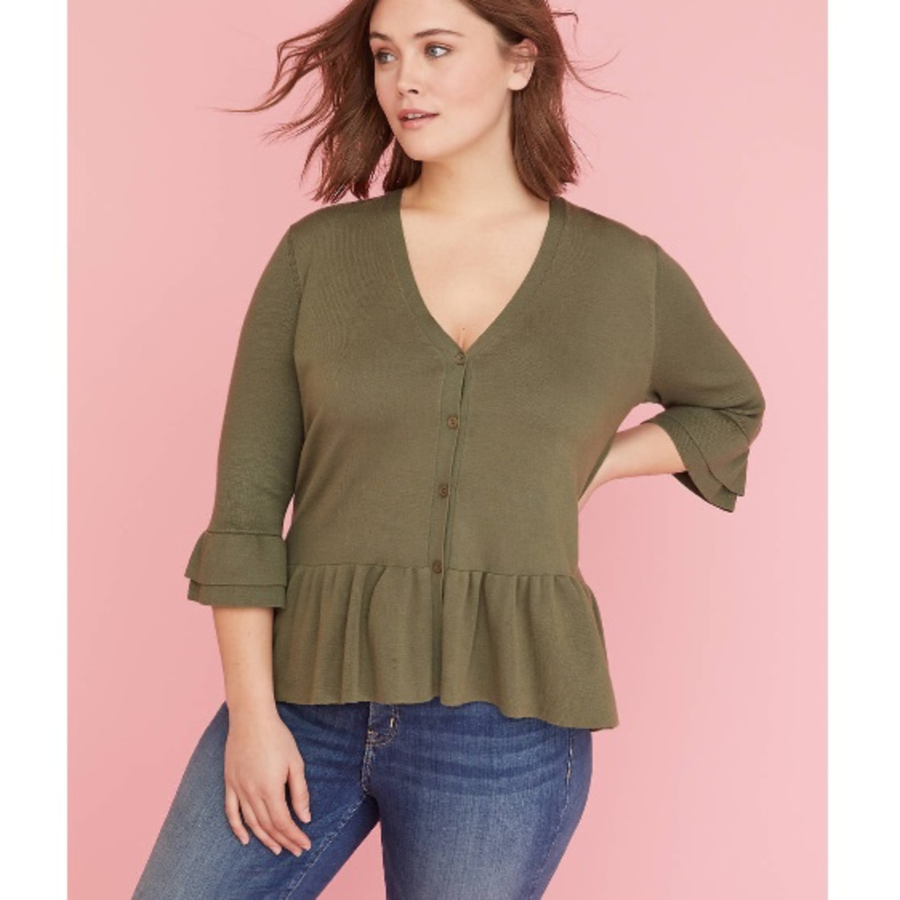 Lane Bryant ruffle-sleeve cardigan in olive green - Picture 2 of 6